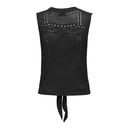 Top de punto fino tipo crochet, con lazada en la cintura. Tejido fresco y transpirable.  Composición: 55% Acrílico y 45% Nailon.  Se recomienda lavar a mano o en lavadora hasta 30º. No usar lejía, planchar suavemente del revés hasta 110º y no usar secadora.