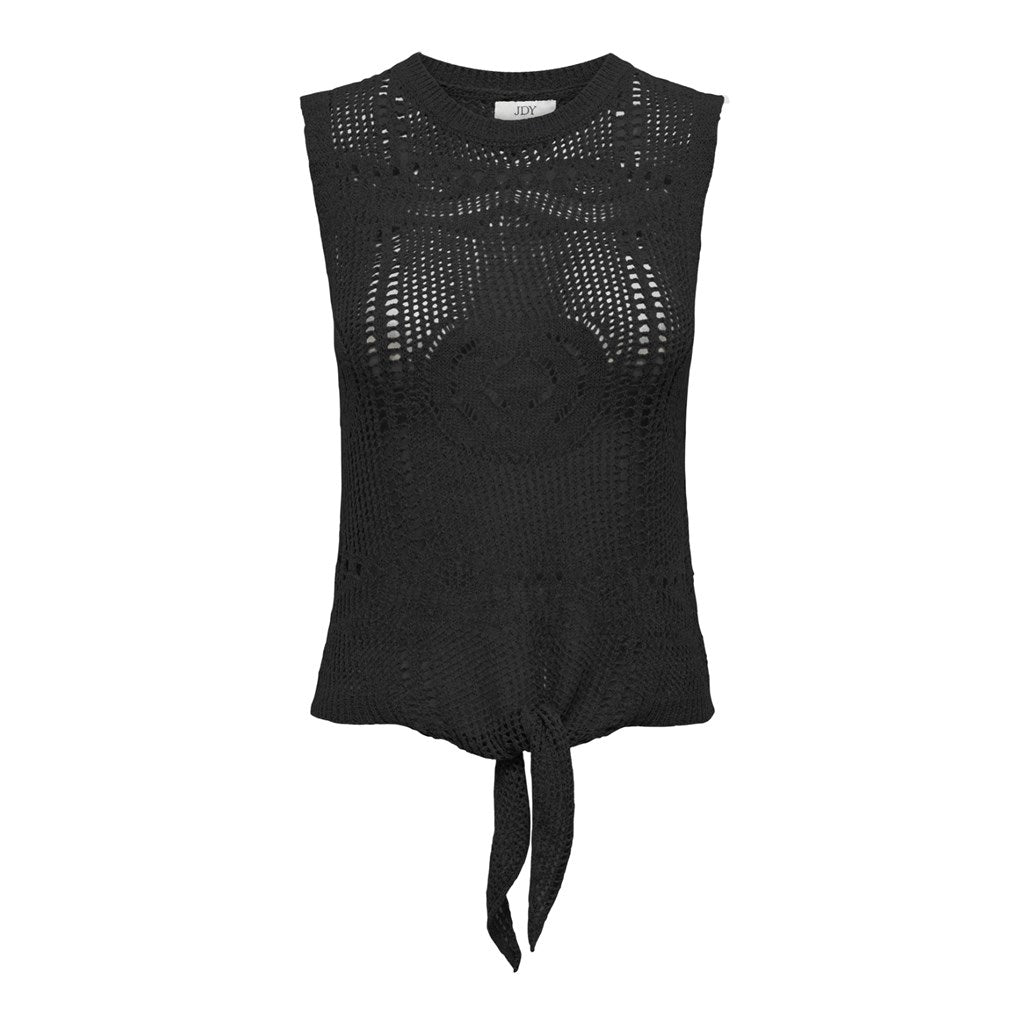 Top de punto fino tipo crochet, con lazada en la cintura. Tejido fresco y transpirable.  Composición: 55% Acrílico y 45% Nailon.  Se recomienda lavar a mano o en lavadora hasta 30º. No usar lejía, planchar suavemente del revés hasta 110º y no usar secadora.