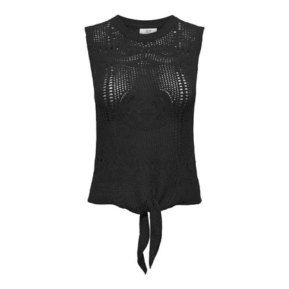 Top de punto fino tipo crochet, con lazada en la cintura. Tejido fresco y transpirable.  Composición: 55% Acrílico y 45% Nailon.  Se recomienda lavar a mano o en lavadora hasta 30º. No usar lejía, planchar suavemente del revés hasta 110º y no usar secadora.