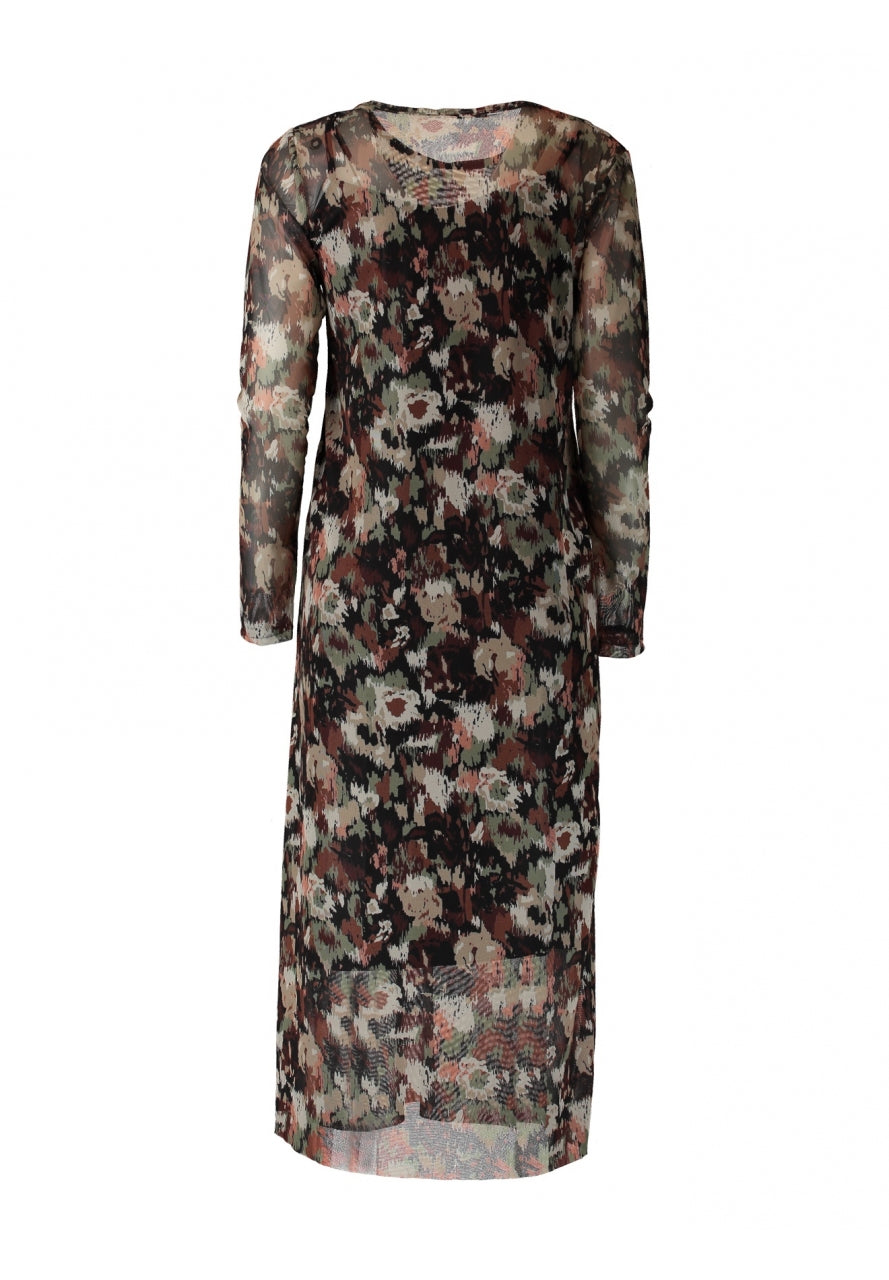 Vestido midi, de manga larga, con forro interior.

Composición: 95% Poliéster y 5% Elastano.

Se recomienda lavar a mano o en lavadora hasta 30º. No usar lejía, planchar suavemente del revés hasta 110º y no usar secadora.