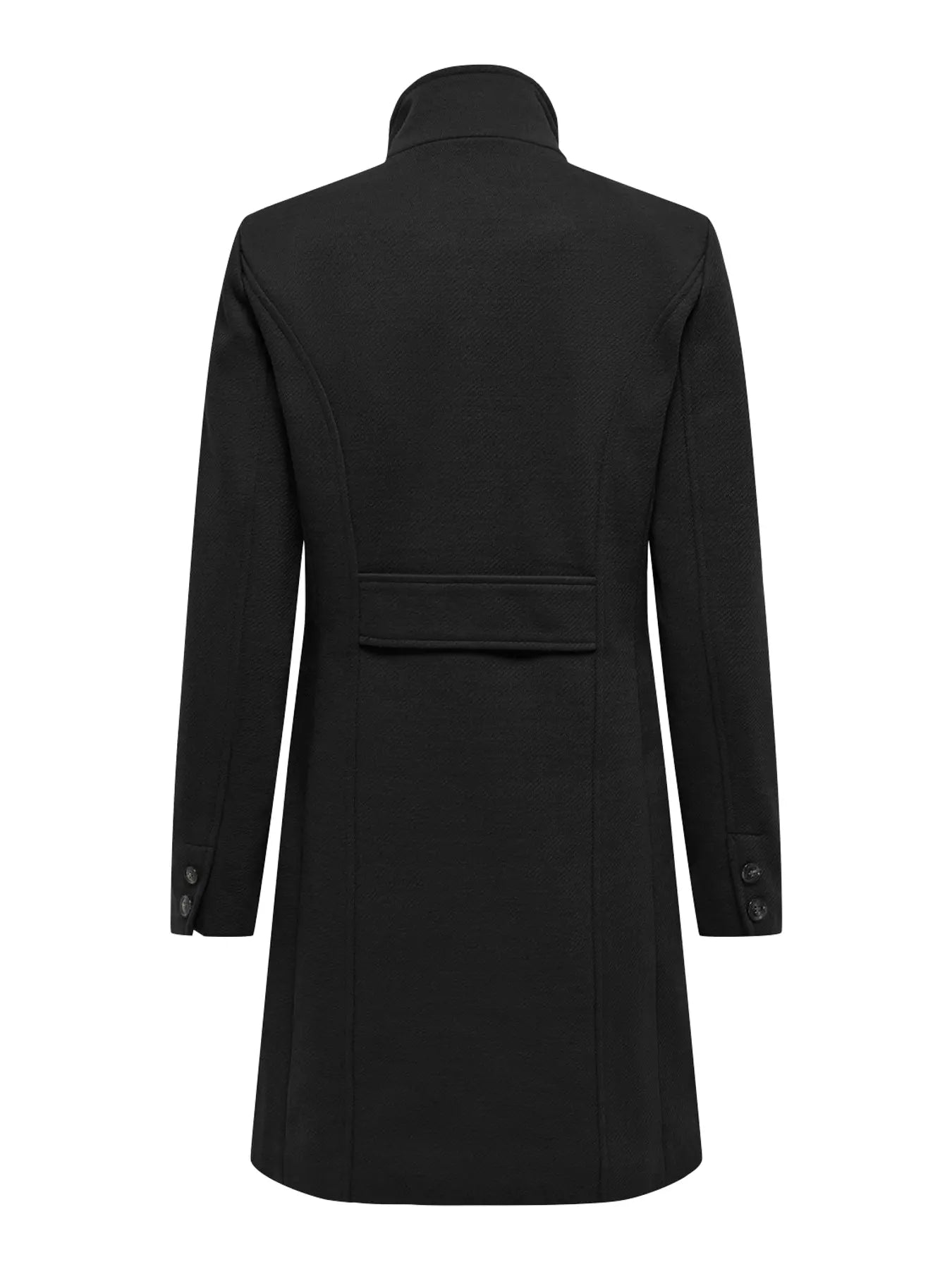 Abrigo de paño, de corte militar, con solapa cruzada y cuello chimenea.