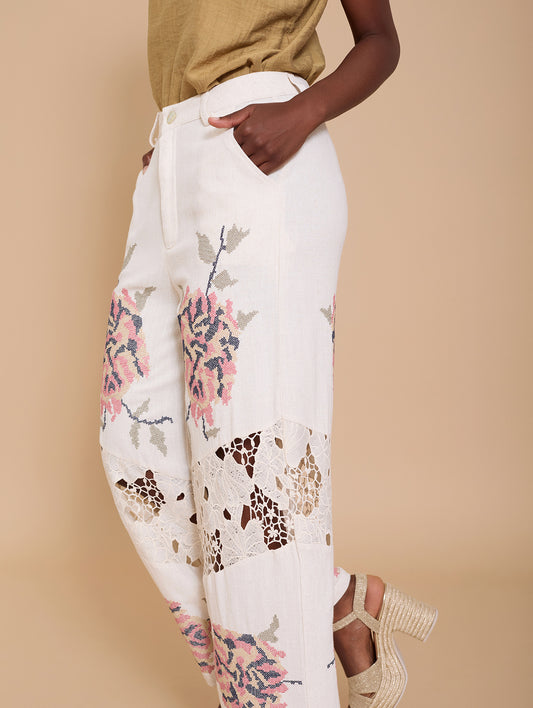 Pantalón bimateria con encaje y bordado floral.

Composición: 70% Viscosa y 30% Lino.

Se recomienda lavar a mano o en lavadora hasta 30º. No usar lejía, planchar suavemente del revés hasta 110º y no usar secadora.