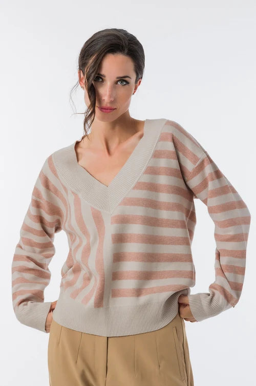 Jersey de punto en tono rosa con diseño de rayas y cuello pico que aporta un estilo suave y elegante. Su tejido cálido y su corte cómodo lo convierten en una prenda ideal para el día a día. Incorpora un delicado detalle metálico Anekke que añade un toque especial. Perfecto para looks femeninos con un aire relajado.

Composición: 47,7%VISCOSE 31,2%POLYESTER 21,1%POLYAMIDE

Se recomienda lavar a mano o en lavadora hasta 30º. No usar lejía, planchar suavemente del revés hasta 110º y no usar secadora.