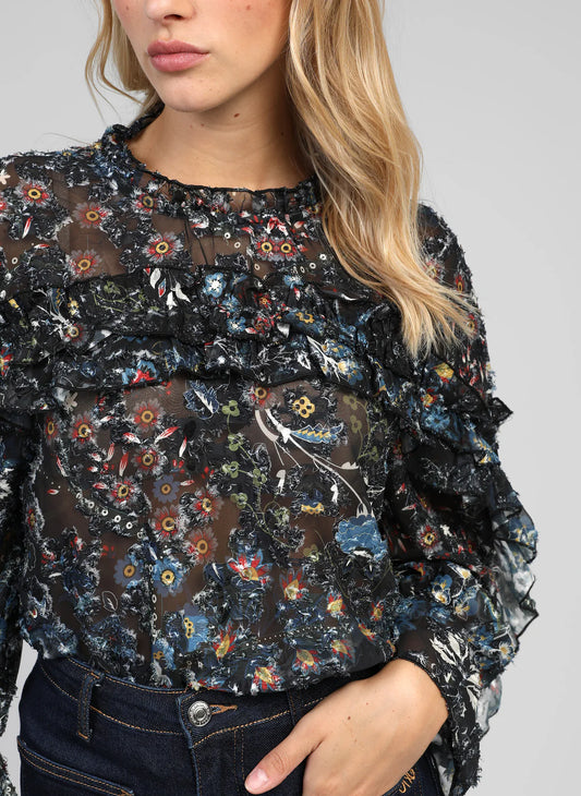 Blusa de cuello redondo y manga larga, Tejido estampado, de corte ancho y de estilo romántico,

Composición: 100% Poliéster.

Se recomienda lavar a mano o en lavadora hasta 30º. No usar lejía, planchar suavemente del revés hasta 110º y no usar secadora.