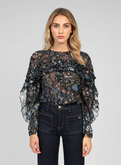 Blusa de cuello redondo y manga larga, Tejido estampado, de corte ancho y de estilo romántico,

Composición: 100% Poliéster.

Se recomienda lavar a mano o en lavadora hasta 30º. No usar lejía, planchar suavemente del revés hasta 110º y no usar secadora.