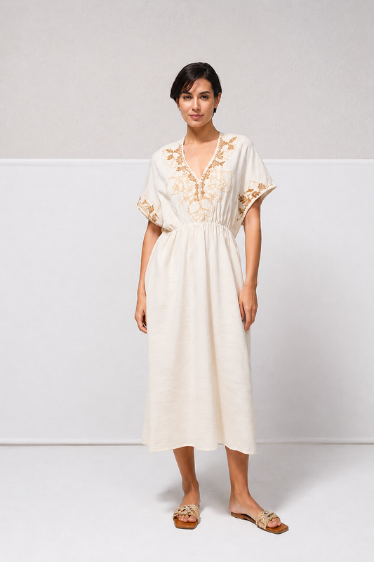 Vestido cVestido con detalles bordados cuello en pico, goma en cintura y bolsillos en los laterales.

Composición: 65% Algodón, y 35% Viscosa.

Se recomienda lavar a mano o en lavadora hasta 30º. No usar lejía, planchar suavemente del revés hasta 110º y no usar secadora.