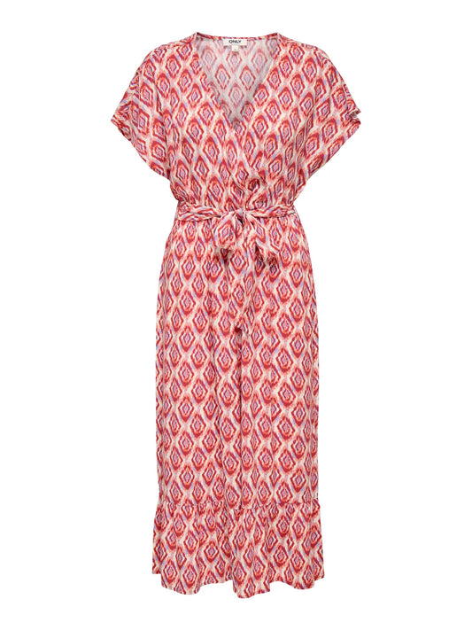 Vestido largo de manga corta caída, corte cruzado en el pecho , cintura de goma y cinturón a juego.

Composición: 100% Viscosa reciclada.

Se recomienda lavar a mano o en lavadora hasta 30º. No usar lejía, planchar suavemente del revés hasta 110º y no usar secadora.