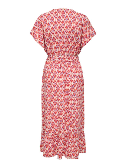 Vestido largo de manga corta caída, corte cruzado en el pecho , corte en cintura&nbsp;y cinturón a juego.

Composición: 100% Viscosa reciclada.

Se recomienda lavar a mano o en lavadora hasta 30º. No usar lejía, planchar suavemente del revés hasta 110º y no usar secadora.