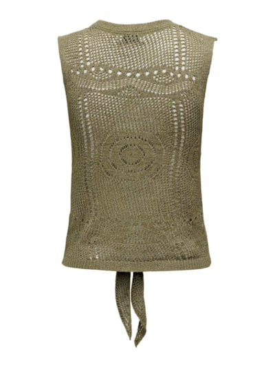 Top de punto fino tipo crochet, con lazada en la cintura. Tejido fresco y transpirable.  Composición: 55% Acrílico y 45% Nailon.  Se recomienda lavar a mano o en lavadora hasta 30º. No usar lejía, planchar suavemente del revés hasta 110º y no usar secadora.