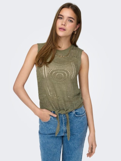 Top de punto fino tipo crochet, con lazada en la cintura. Tejido fresco y transpirable.  Composición: 55% Acrílico y 45% Nailon.  Se recomienda lavar a mano o en lavadora hasta 30º. No usar lejía, planchar suavemente del revés hasta 110º y no usar secadora.